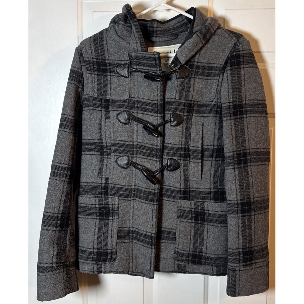 Aeropostale Plaid Toggle Coat Womens Small Wool Blend Hooded Duffle‎ Jacket Gray